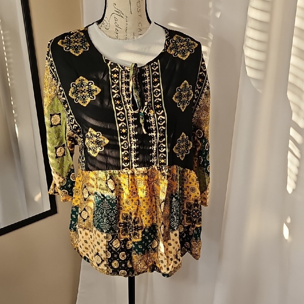SHEIN Boho Patchwork Blouse - Black and Yellow